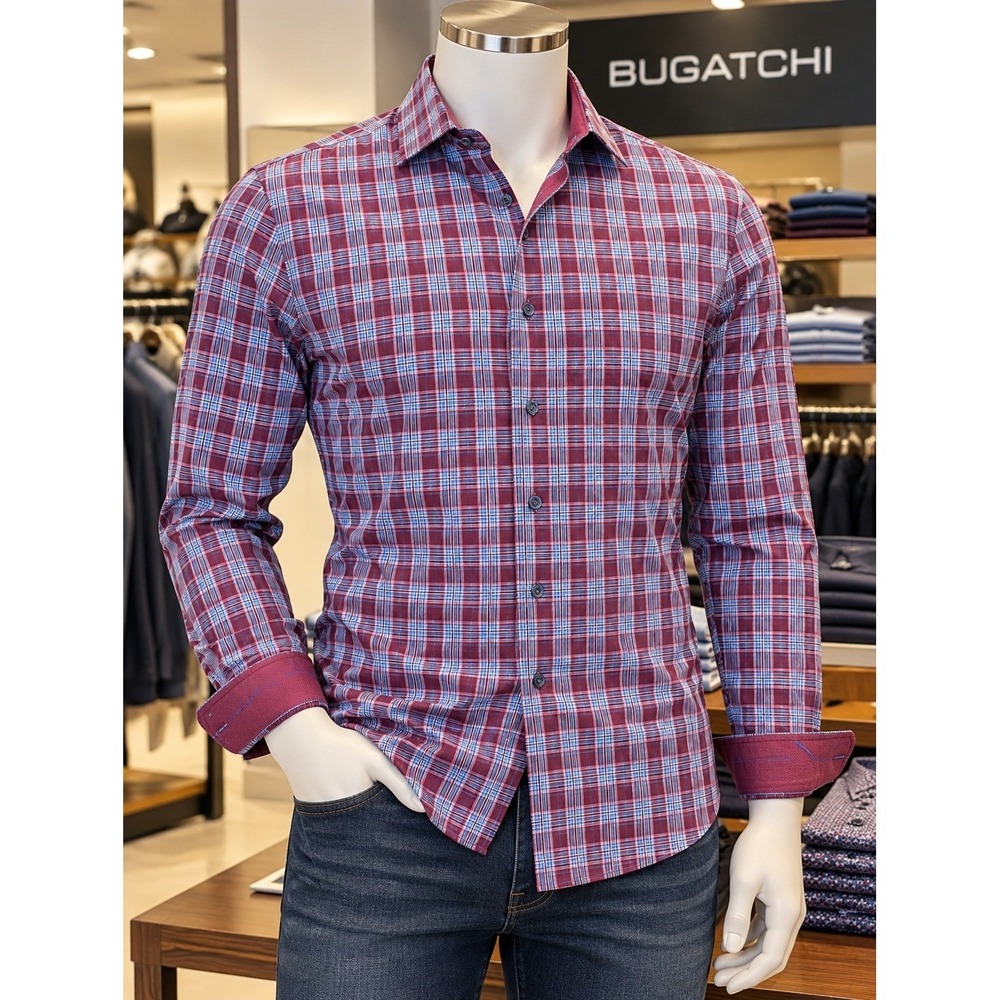 Bugatchi Shaped Fit Burgundy Blue Plaid 100% Cotton Mens Shirt